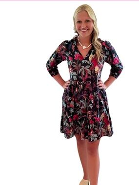 LIZA BYRD Tinley Black Floral Bird Block Print Cotton Dress, NWT